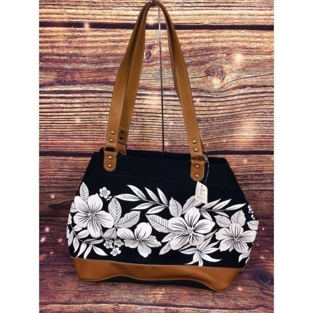Tanner Hawaii Canvas Tote Bag Black White Hibiscus Floral Tan Trim New